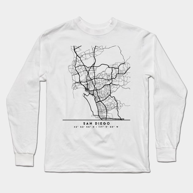 SAN DIEGO CALIFORNIA BLACK CITY STREET MAP ART Long Sleeve T-Shirt by deificusArt